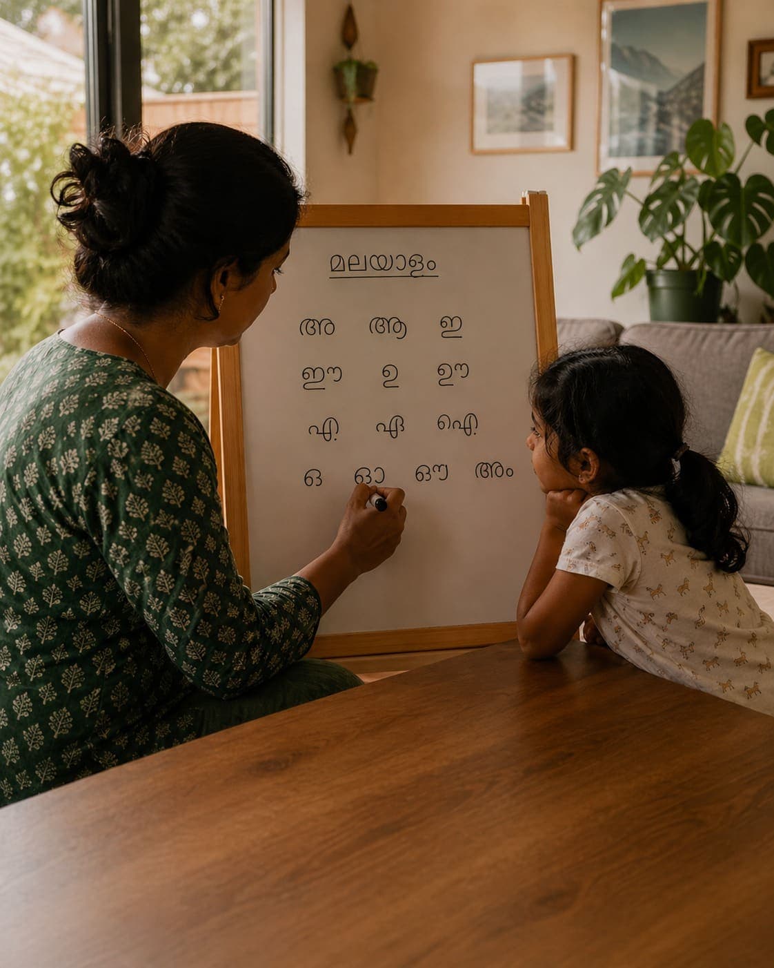 A Malayali tutor teaching a child Malayalam alphabets at home in Aotearoa